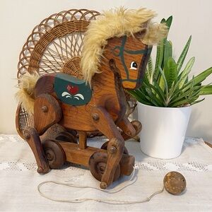 Vintage | Wooden Pull Toy Horse | Folk Art | Rolling Toy